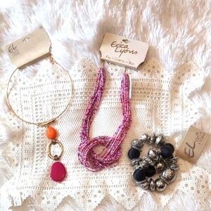 NWT Jewelry Lot Pink Beaded Necklace, Black Chunky Bracelet, Collar Necklace